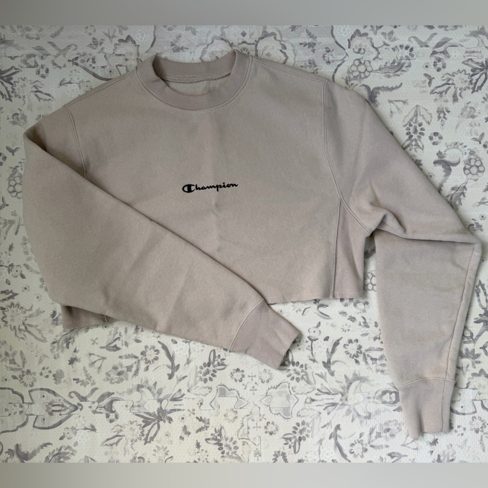 Custom Cropped Champion Women's Beige Crew Neck Sweater